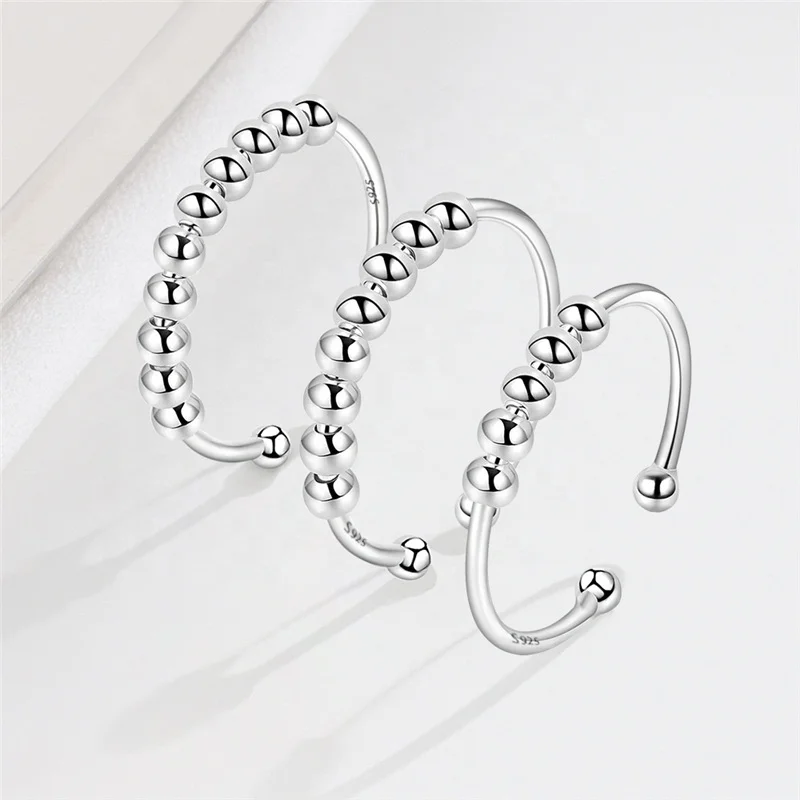 

Reduce Anxiety Relief Open Beaded Removable Beads Fidget Ring 925 Sterling Silver Adjustable Rings For Women Jewelry