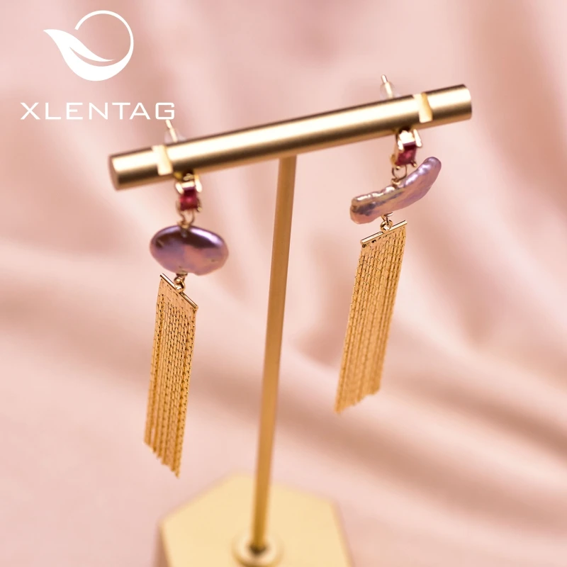 

XlentAg Red Zircon Natural Purple Baroque Pearl Drop Asymmetrical Earring Chain Tassel For Girl Gift Of Love Fine Jewerly