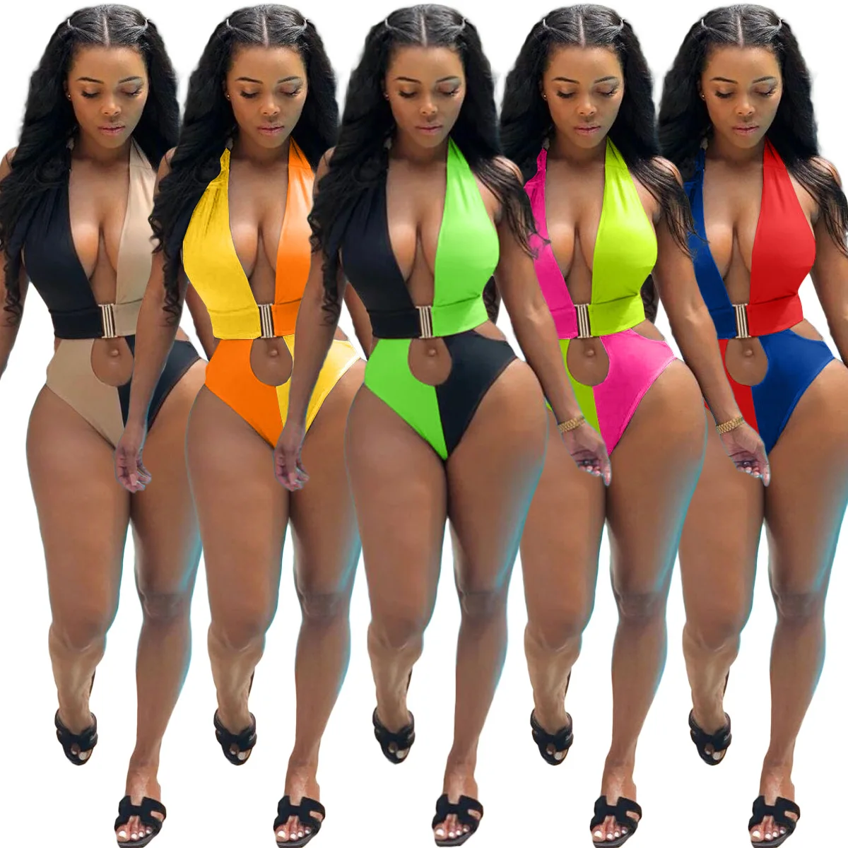 

women's skinny sets Sexy bodysuits backless stitching solid color two-piece swimsuit, 5 colors