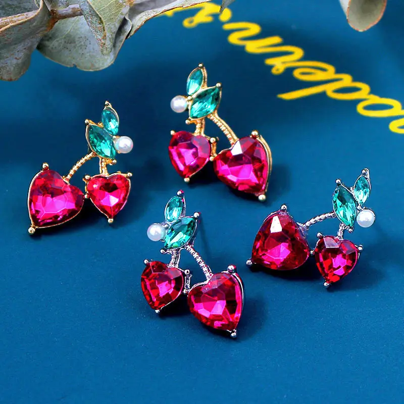 

Korea Sweet Temperament Jewelry For Women Girls Cute Small Heart-Shape Fruit Geometric Earrings Red Crystal Cherry Earrings, Gold,silver color