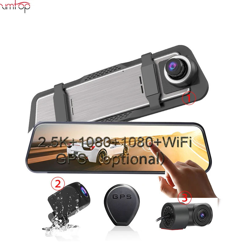 

10" 3 channel Dash Cam 2.5k 2560*1440P Rearview Mirror Stream Media Video Recording WIFI Loop Record Phone APP Car DVR GPS