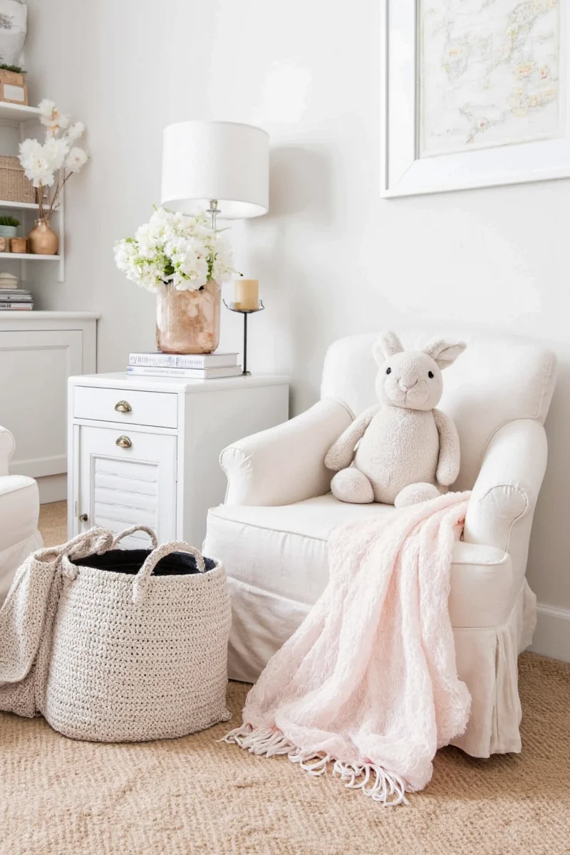 Easter decorations with pastel-colored bunny figurines, eggs, and floral accents.