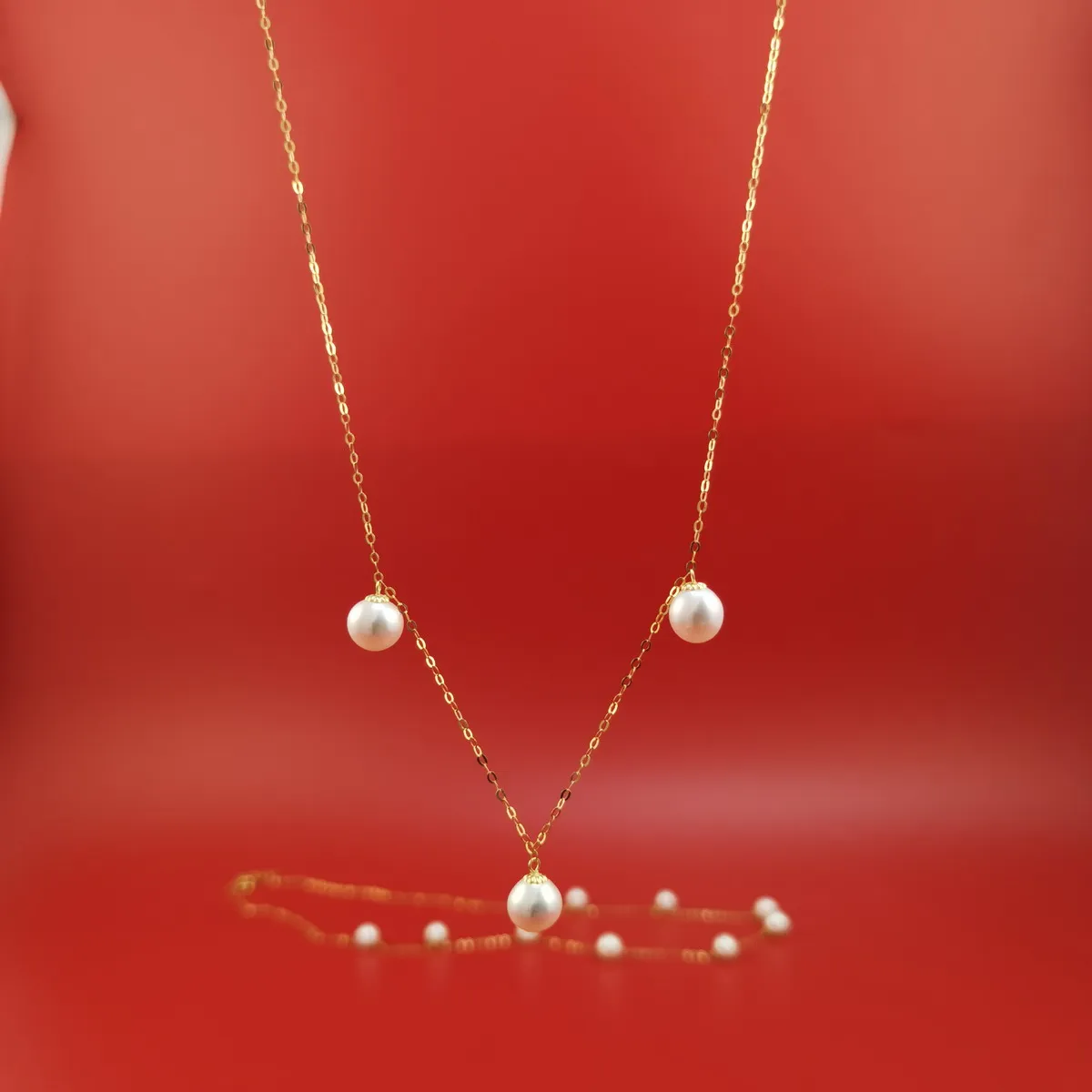 

Genuine 18k solid realgold long chain natural pearl necklace real 18K AU750 yellow gold freshwater round pearl necklace