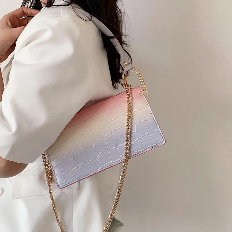 

Trending 2021 summer Wholesale colorful gradient PU leather shoulder bag large capacity chain handbag for women, 4 colors