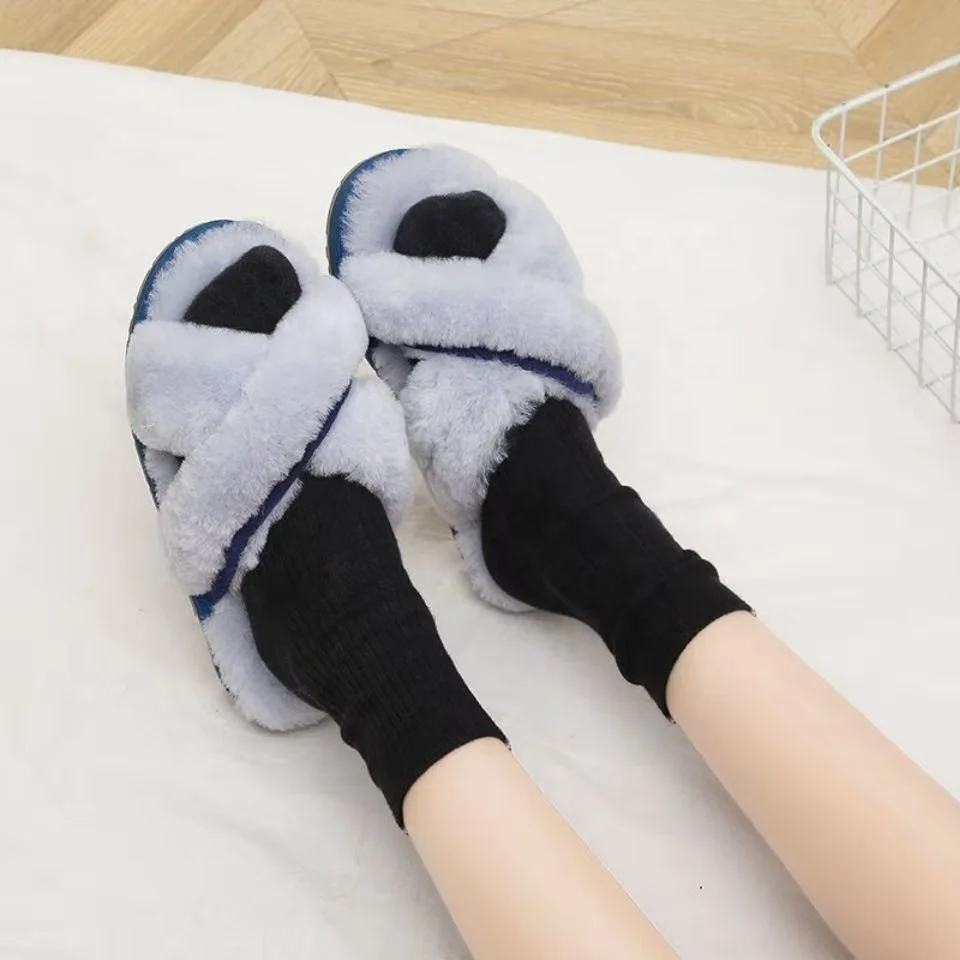 

Style Furry Sandals All Season Outdoors Casual Shoes Wholesale Slippers sheepskin Fur with Logo 2021 Summer New Unisex, White, blue, pink, grey