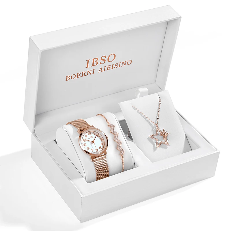 

IBSO Brand Quartz Wristwatches Necklace Bracelet Combination Set Women Female Jewelry Watches Set for Ladies Gift, Rose/silver