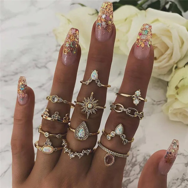 

Hot Selling Gold Plated Sun Drop Shape Opal and Crystal 12pcs Jewelry Rings Set for Women, Picture shows