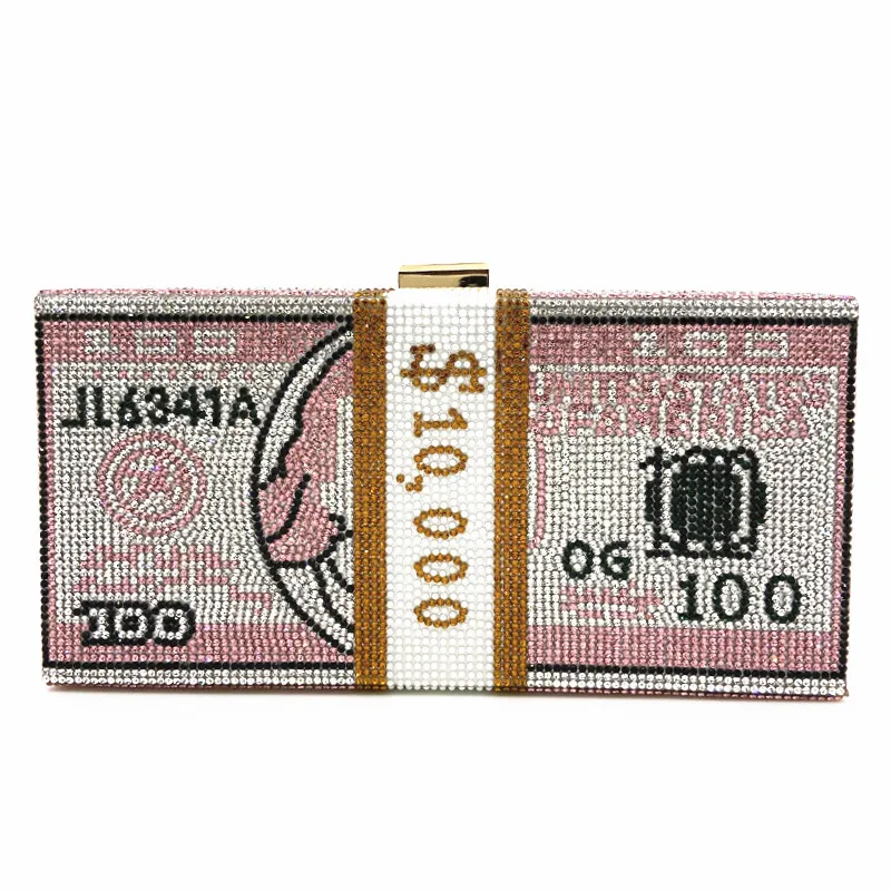 
2020 hot selling bling 1000 dollar money bag crystal purse drop shipping rhinestone dollars bill clutch handbag party for women 