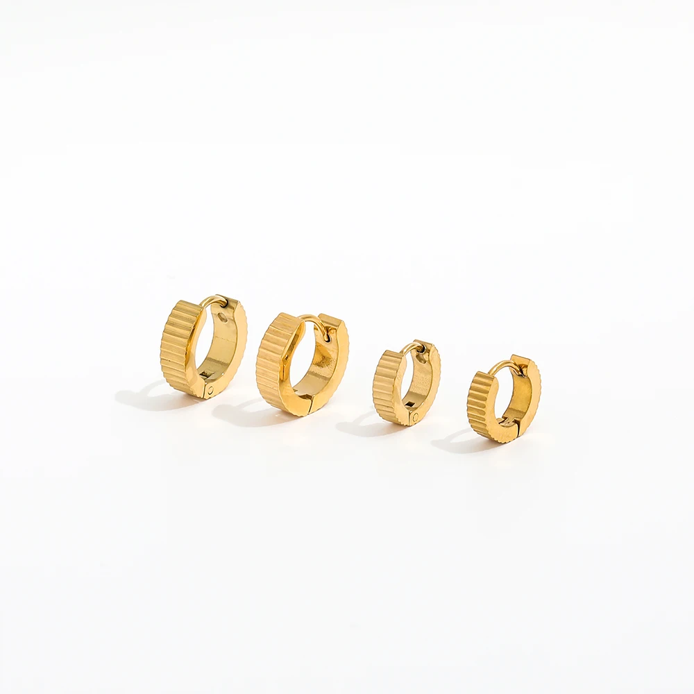 

JOOLIM High End 18K Gold Plated Gear Shape Lines Huggie Earrings Jewelry Stainless Steel for Women