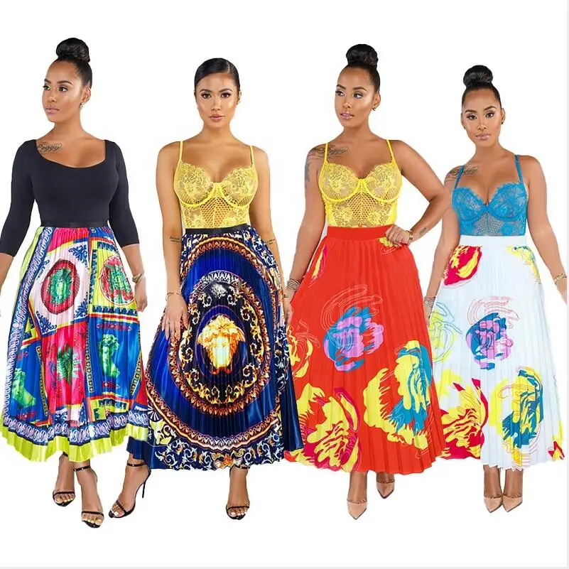 

Women skirt big-name digital print skirt large size elastic pleated skirt long