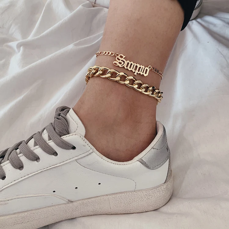 

Wholesale Birth Year Letter Charm Name Zodiac Custom Stainless Steel Initial Cuban Link Anklet Women, Gold,silver,rose gold