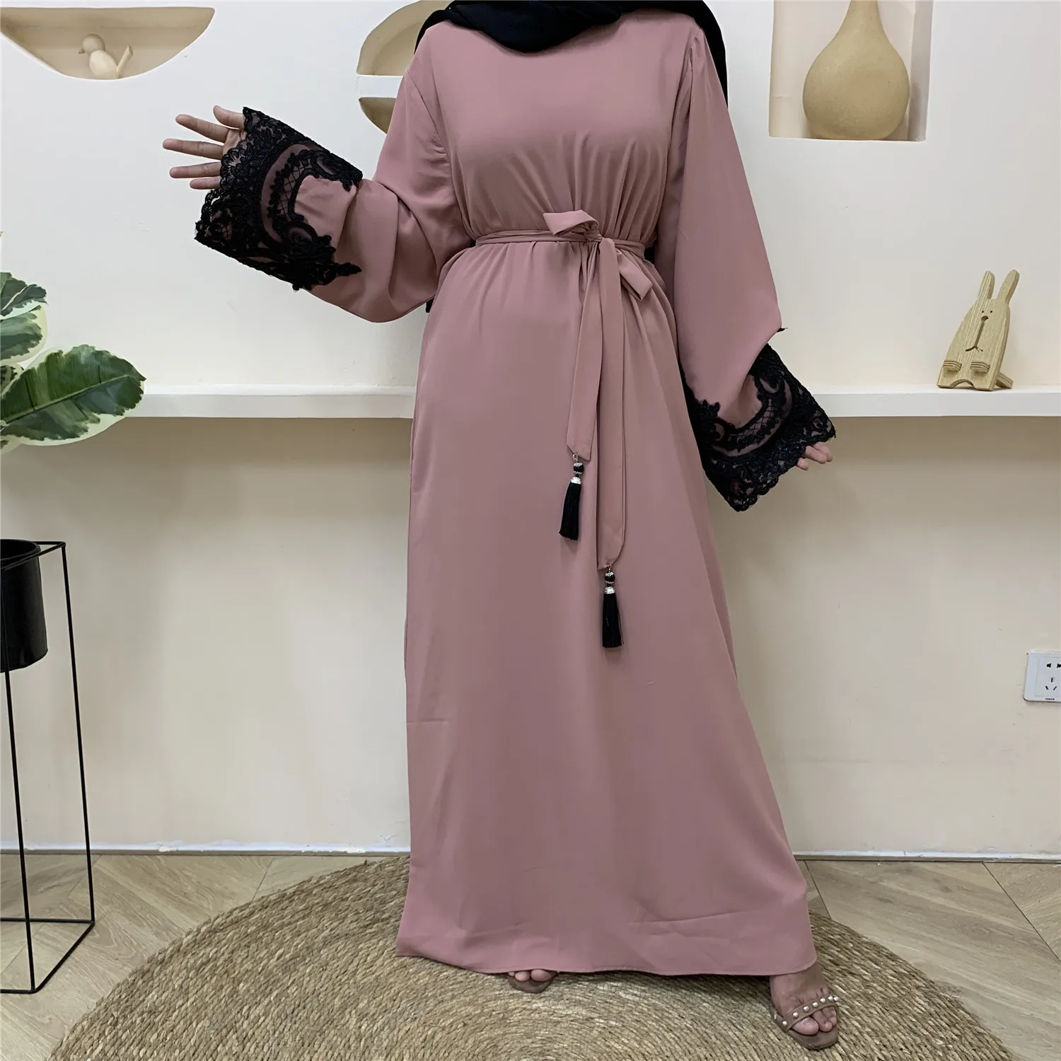 

Islamic Turkey Dubai Fashion Muslim Dress Long Sleeve Lace Solid Dress, Black, pink, brown, sky blue, apricot