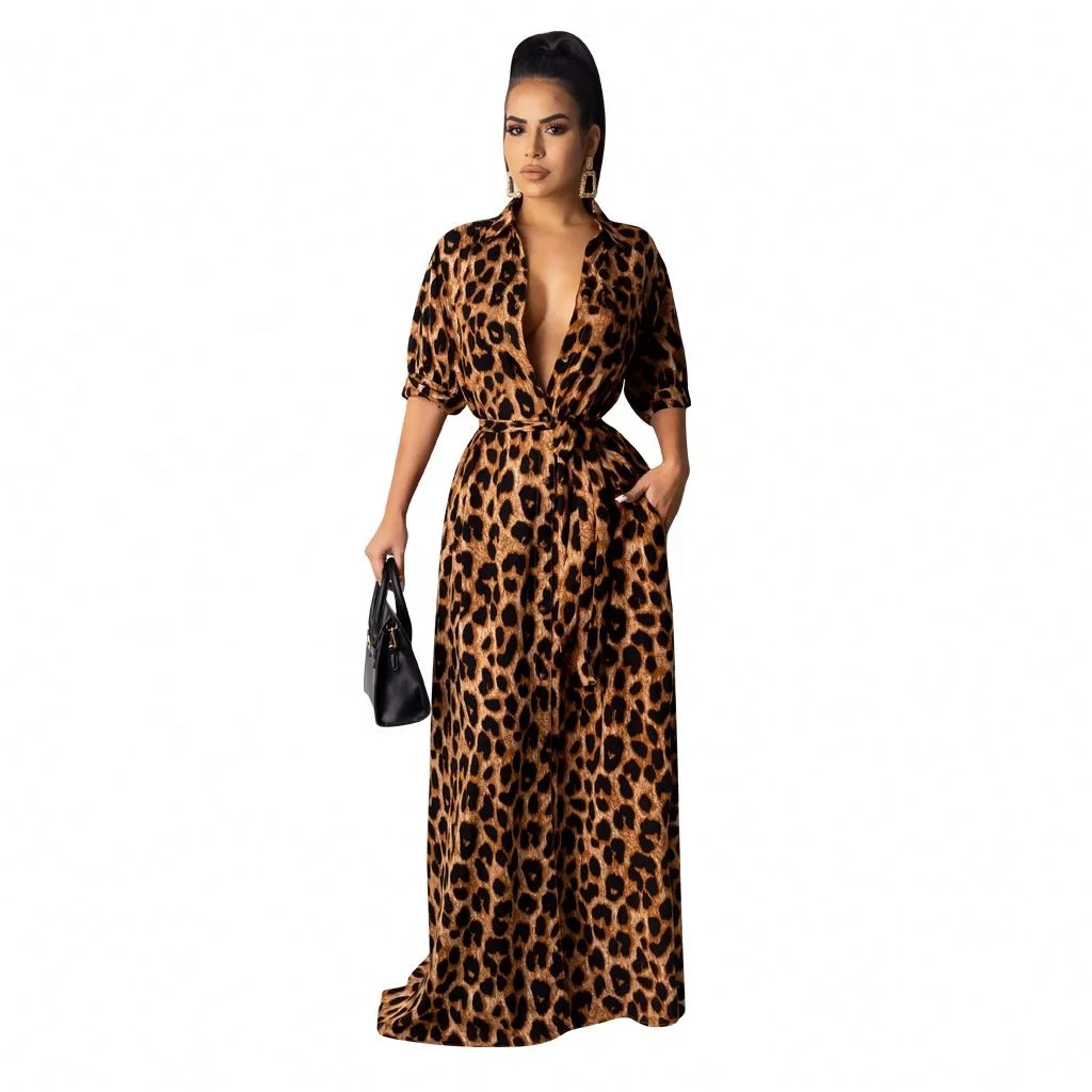 

QM4048 long women dress leopard floor length short sleeve loose casual printed trendy sexy dress women