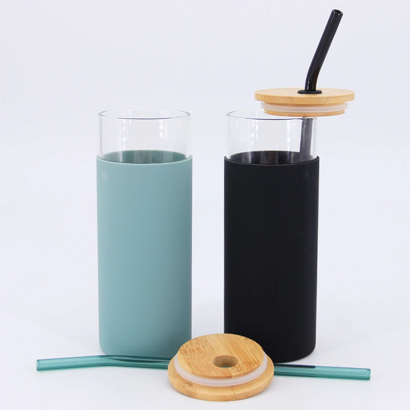 

New creative eco-friendly 500ml 16oz glass tumbler bamboo lid silicone sleeve bottle glass water drinking bottle with straw