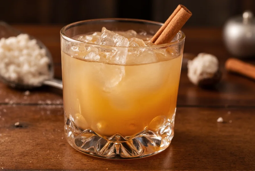 Creamy cinnamon whiskey cocktail in glass with nutmeg garnish on wooden table