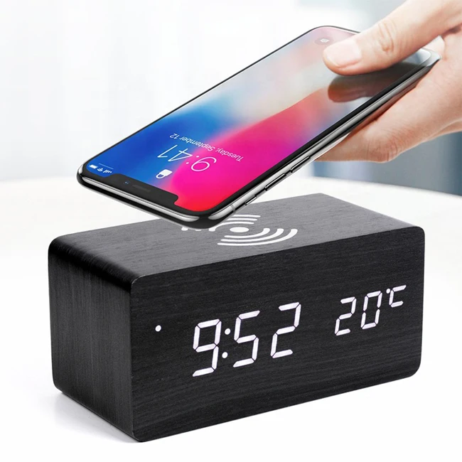 

Wooden Qi Fast Wireless Charger With Digital Led Clock Wooden Qi Wireless Charger Alarm Clock