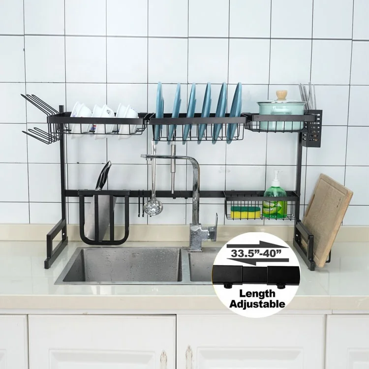 

New Design Telescopic Rod Adjustment 85-100Cm Stainless Kitchen Racks And Holders Over Sink Dish Drying Rack, Black