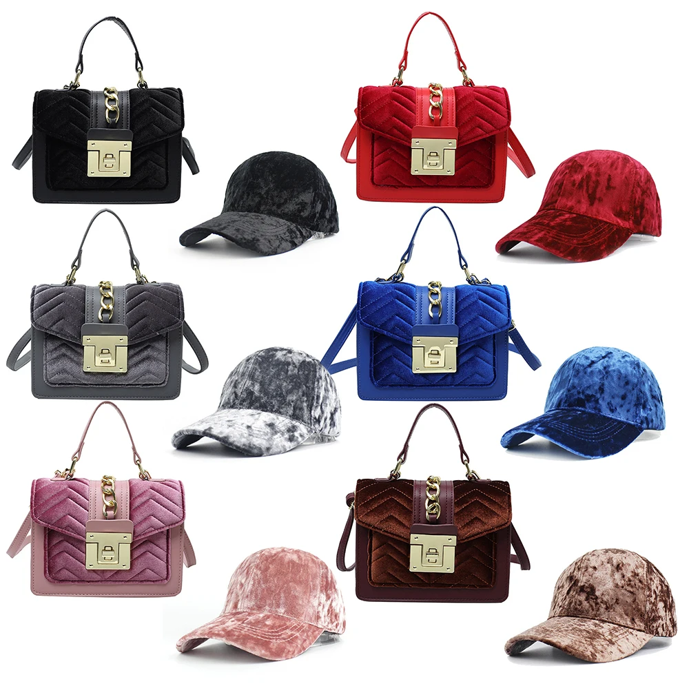 

2022 New Arrivals Velvet Hat And Purse Set Ladies Handbags Women Bags Furry Hats And Matching Purse Bag, 8 color avaliable