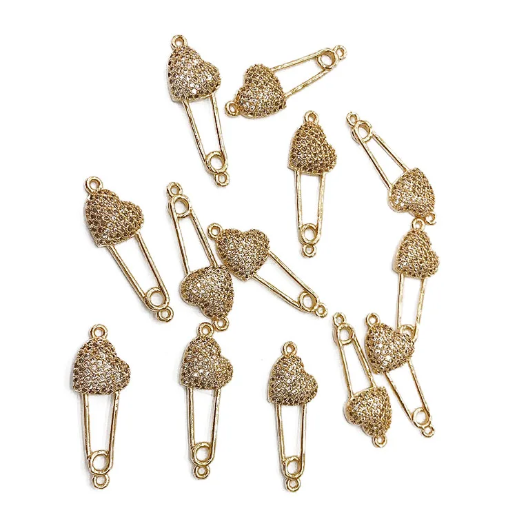 

CZ7962 Hot Sale Chic 18k Gold Plated CZ MIcro PaveHeart Star Safety Pin Charm Connector for bracelet necklace making