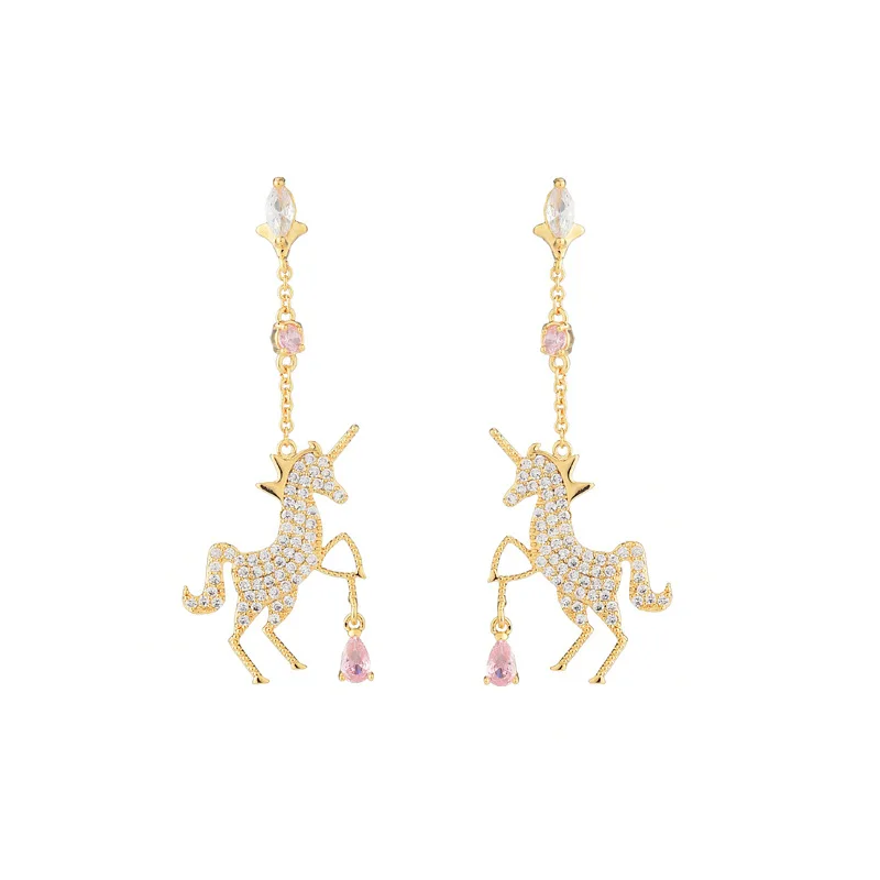 

Lotus 18k gold plated copper fine jewelry unicorn charm hoop zircon chain earrings