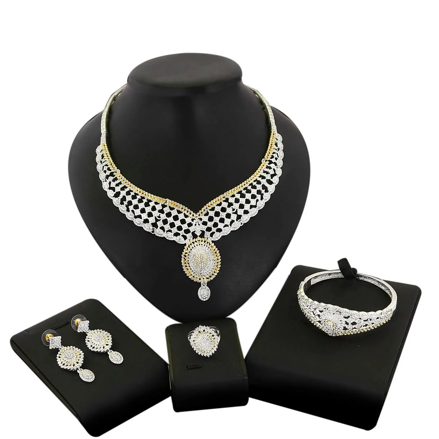 

Yulaili Women Romanian Gold Style White Crystal Necklace Set Exquisite Romantic Gift Wedding Party Luxury Large Jewellery Sets
