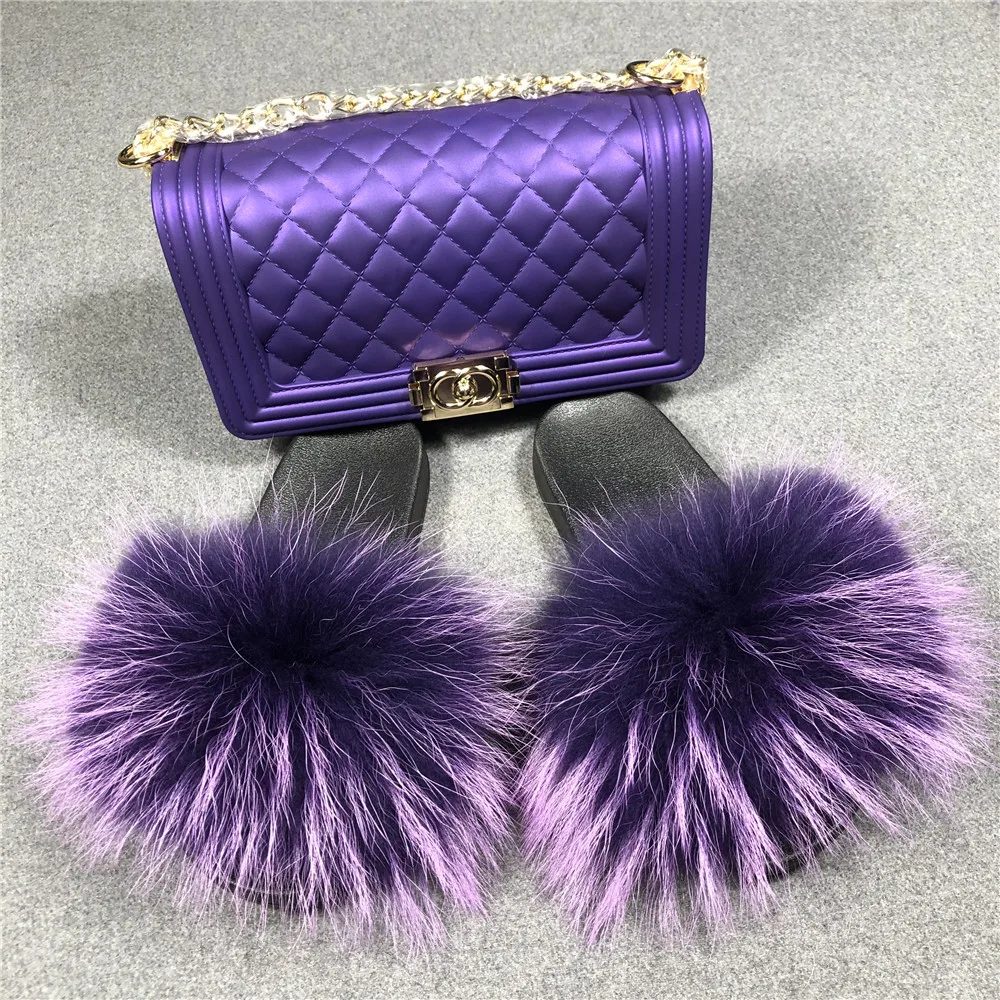 

Women Fur Slippers Jelly Bag Purse Set Fluffy Fur Slides Handbag with Slides Real Fox Fur Slides Female Shoulder Bag