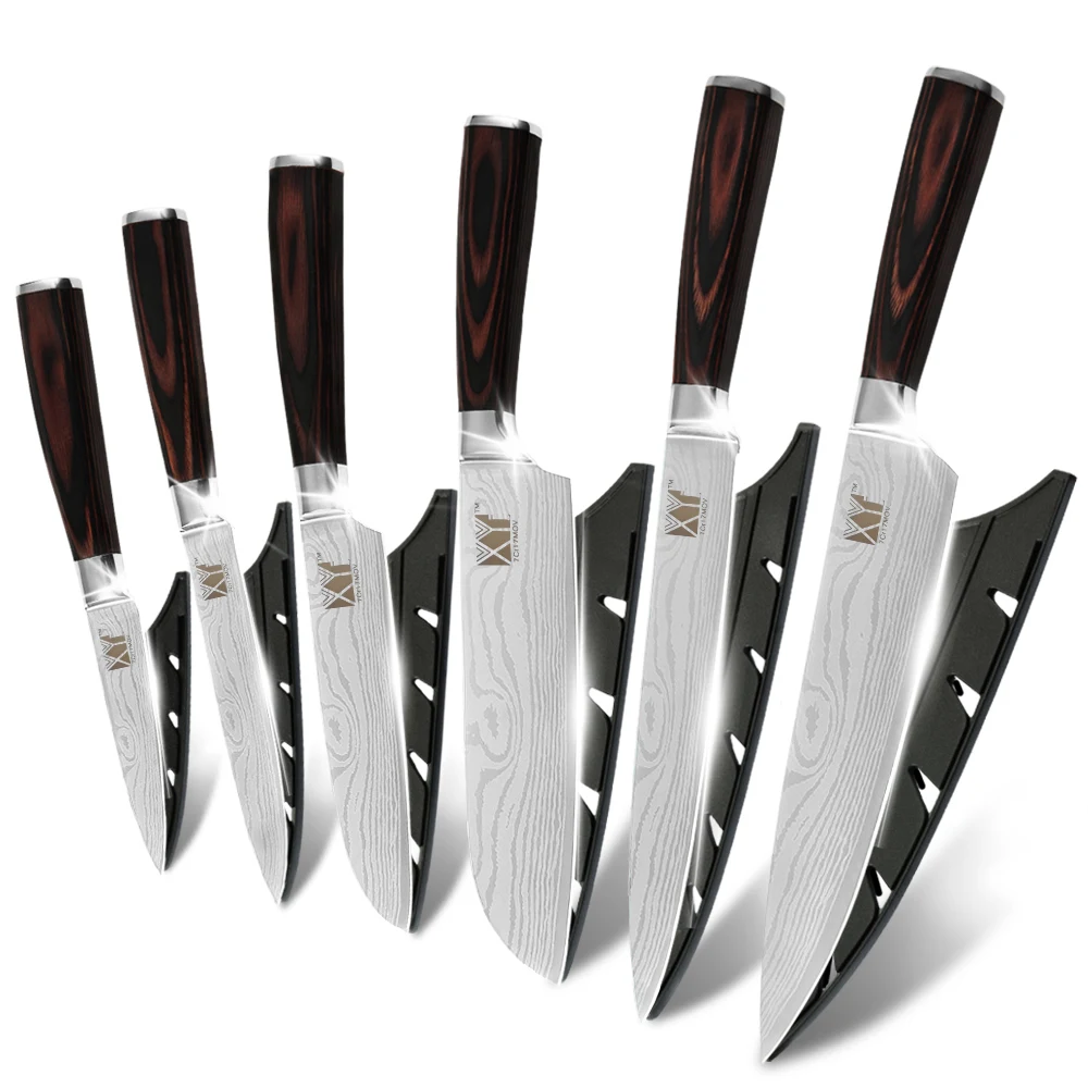 

Xingye Classic 6pcs 7Cr17Mov High Carbon Stainless Steel Damascus Pattern Professional Chef Knife Set With Knife Sheath
