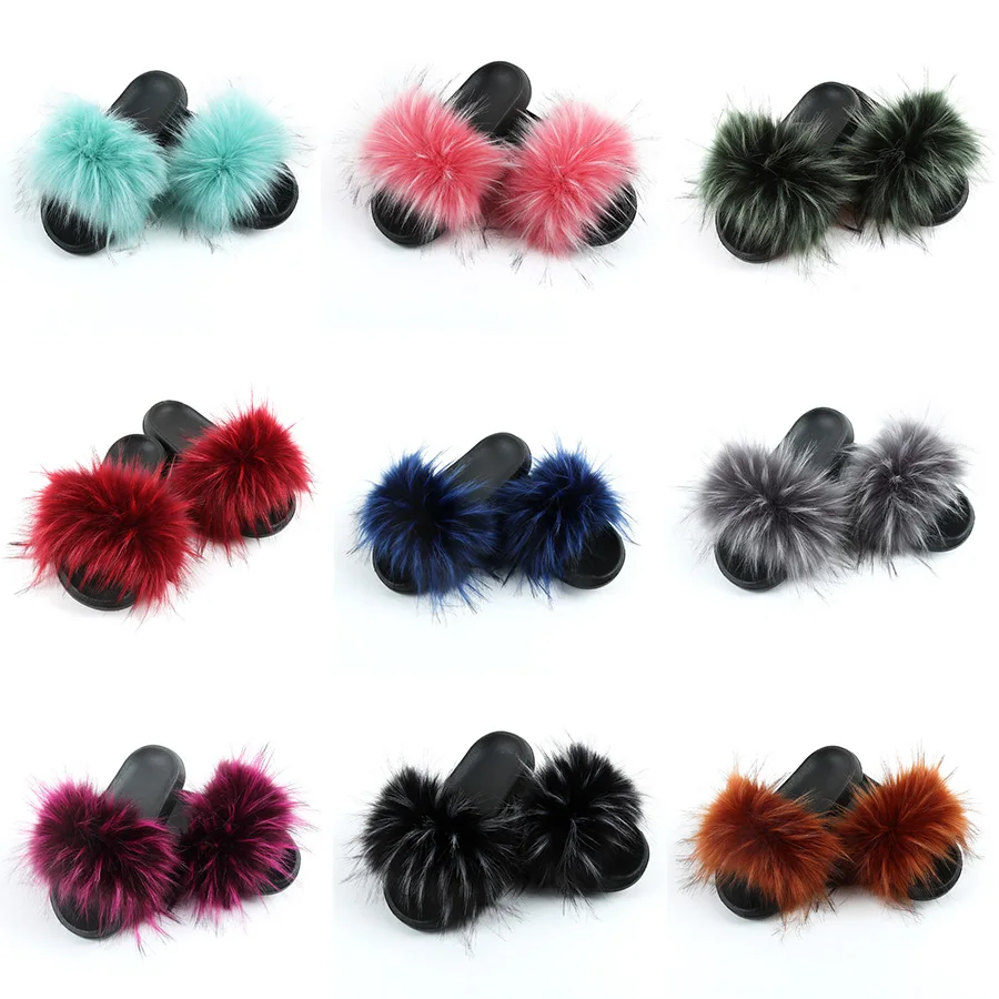 

2020 Women Luxury Slippers Sandals Raccoon Hair Designer Slippers