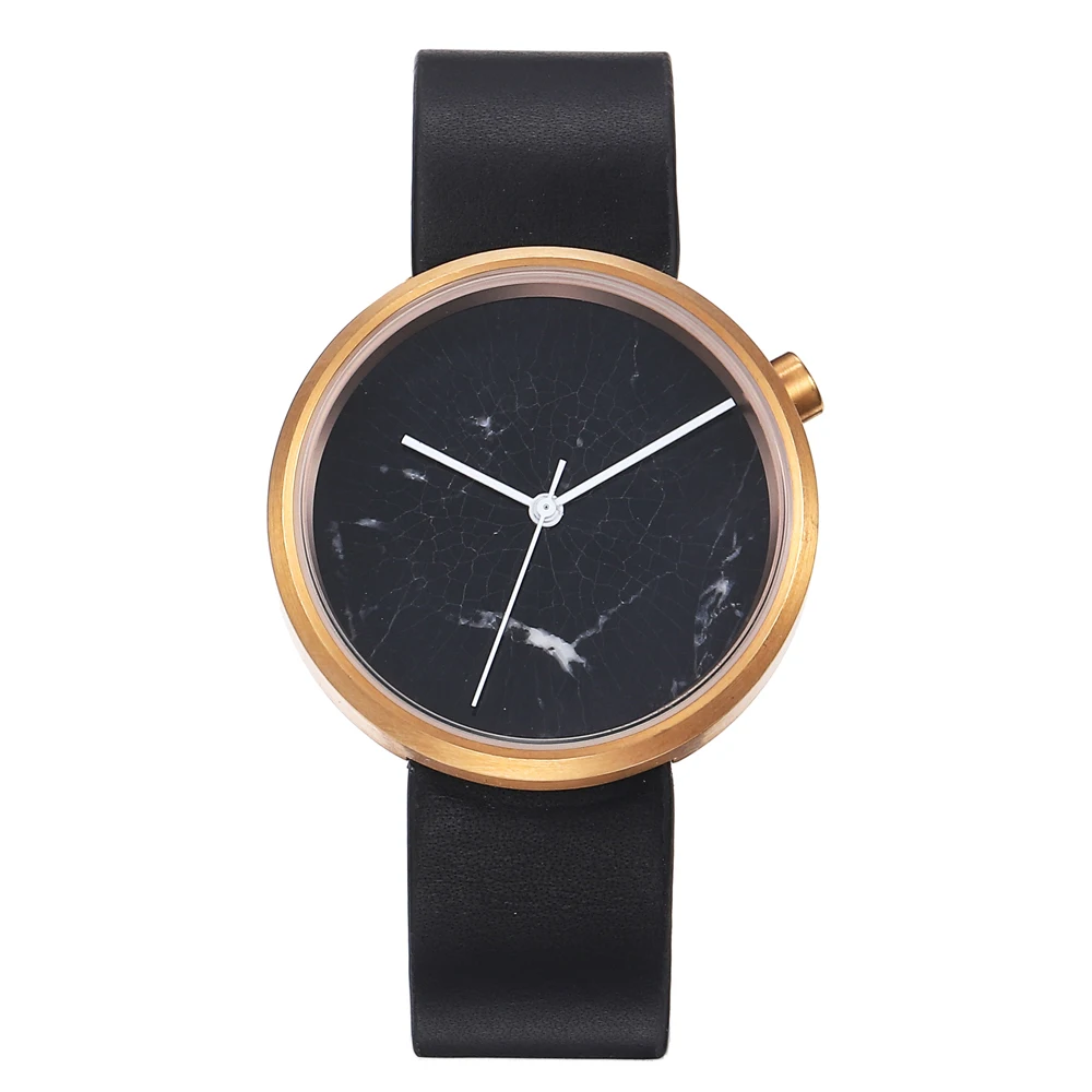 

Top Black Leather Band Marble Dial Stainless Steal Watch For Unisex