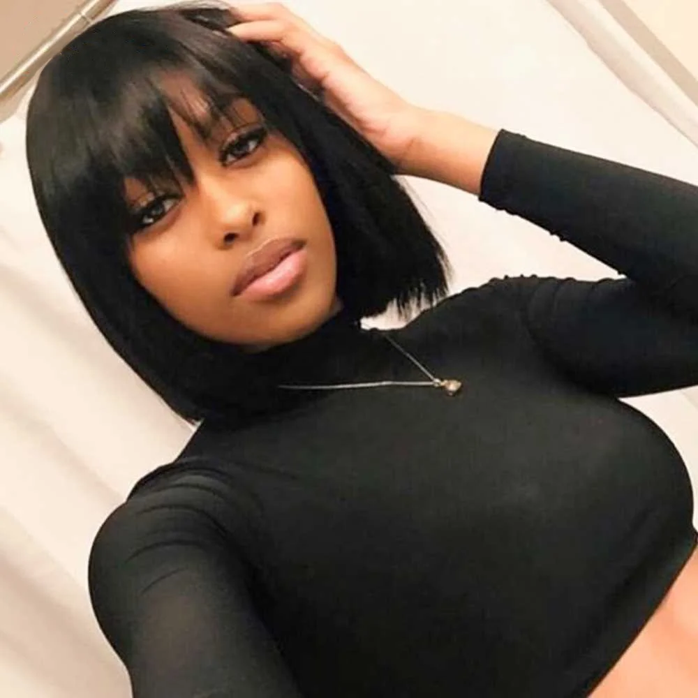 

100%human hair wigs straight bob brazilian 8 inch short silky straight bob human hair wig with bangs