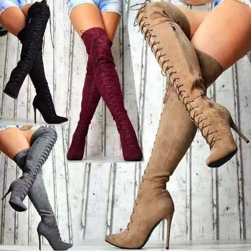 

Skintight Suede Sexy Front Lace Up Women Over Knee High Boots Thigh High Side Zipper Boots for Women Big Size 43 Thin Heel