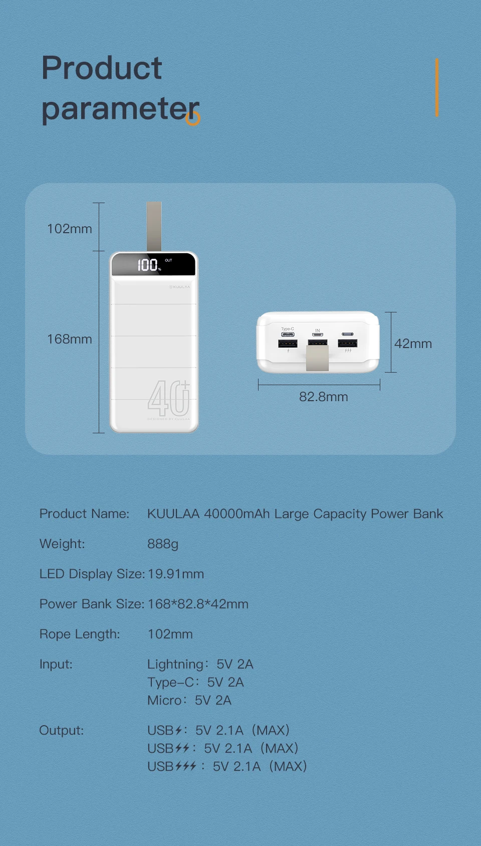 KUULAA High Capacity Camping 40000mAh Led Digital Display Portable Power Bank with Lead Light and Leather Lanyard - ANKUX.COM
