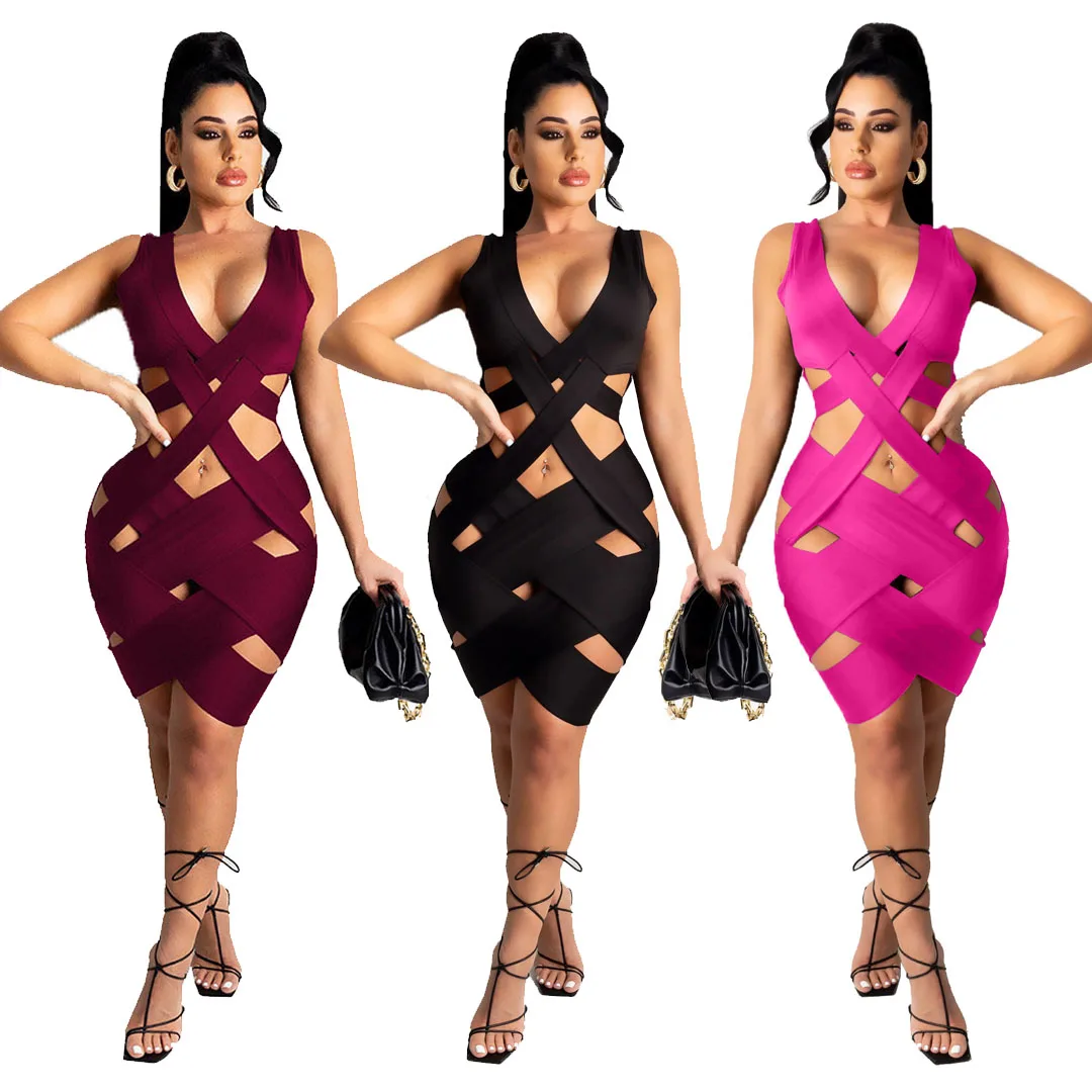 

2021 latest designs plain color summer sleeveless deep v sexy club women twist bodycon hollow out dress, Picture