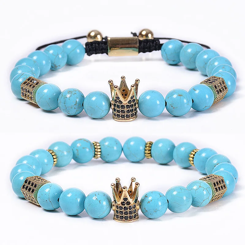 

Hot Selling Men's Hand Charm Jewelry 2Pcs/Set Micro Pave CZ Imperial Crown Bracelet Natural Turquoise Stone Crown Bead Bracelet, Blue