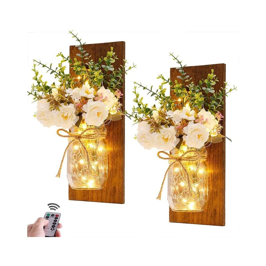 Rustic Wall Lamp Mason Jar Sconces Handmade Wall Art Hanging Design with Remote Control LED Fairy Lights