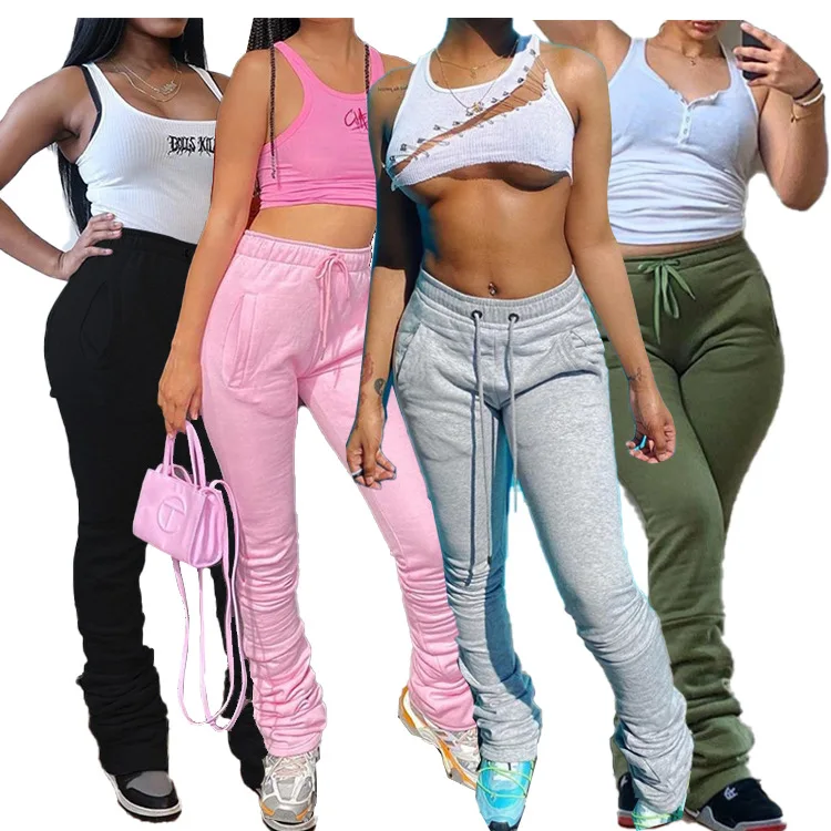 

Hg Custom Logo Embroidery Stacked Sweatpants For Women Fashion Sporting Joggers l With Slit Women Stacked Pants