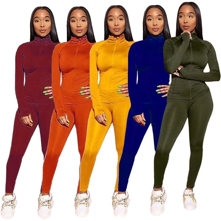 

Casual Long Sleeve Zipper Up Skinny Fall Clothing Sportswear Two Piece Jogger Set Women, Army green,black,blue,orange,wine red,red,white,yellow