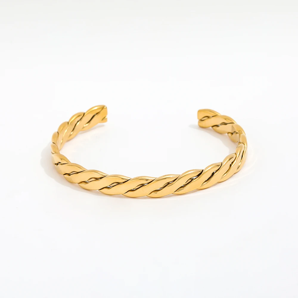High End 18k PVD Gold Plated Stainless Steel Flat Band Rope Cuff Bracelet for Women Wholesale Jewelry