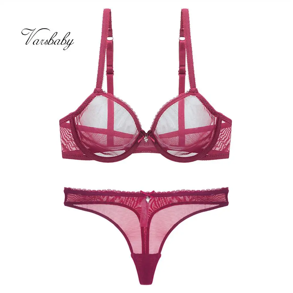 

Varsbaby 100Sets/Lot Wholesale Sexy Lace Yarn See Throungh Bra+Thong Unlined Underwear Sets dropshipping