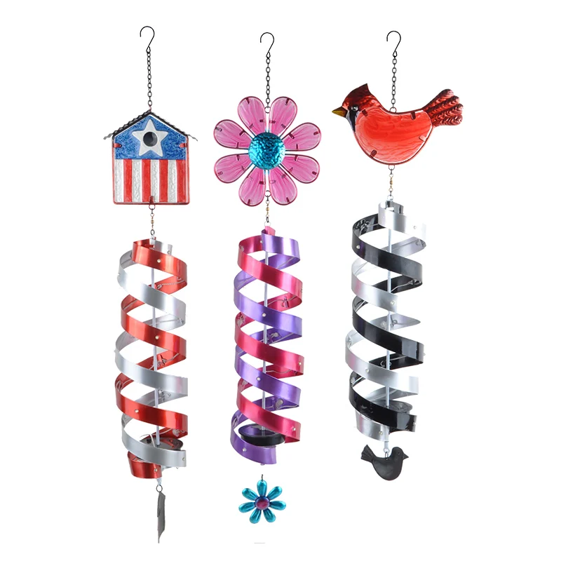 

OEM customized Glass and metal rotate American element Cardinal Bird wind chimes