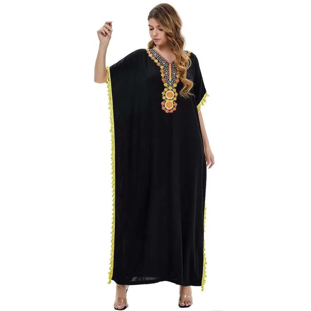 

new patchwork feather elegant loose Muslim robe bat sleeve plus size women's dress abaya free size black muslim abaya dress