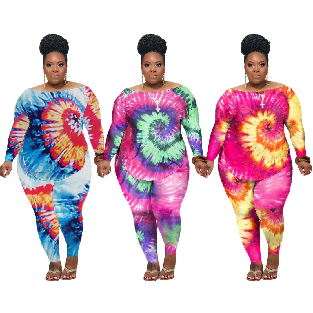 

Plus Size Women'S Casual Swirl Tie-Dye Printing Long-Sleeved Trousers Suit Women Two Piece Pants Set, As shown