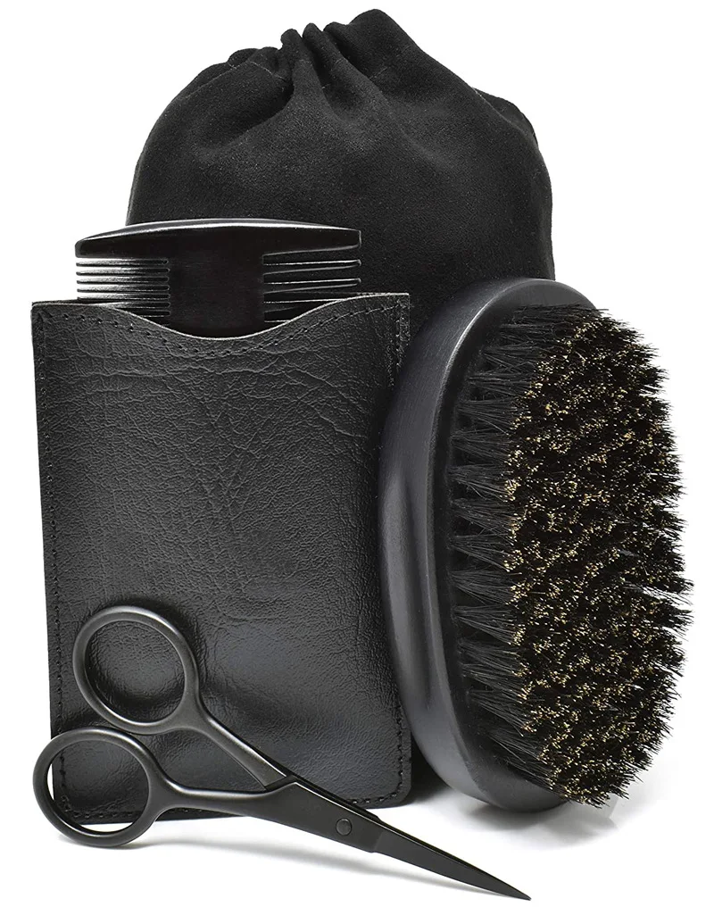 

Barber beard kit private label logo mens boar bristle beard brush set kit hair wooden beard comb, Black+wood color
