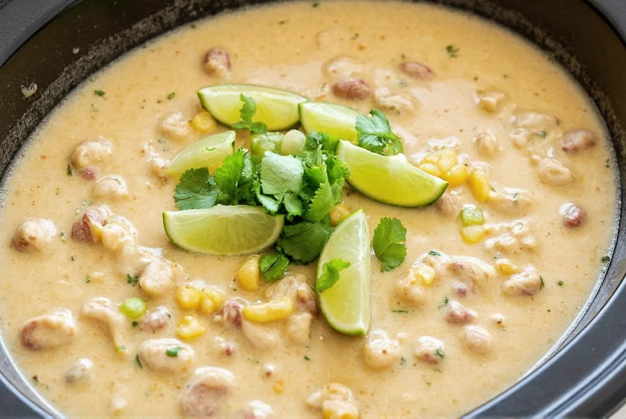 Slow cooker filled with creamy white chicken chili topped with fresh cilantro and lime wedges