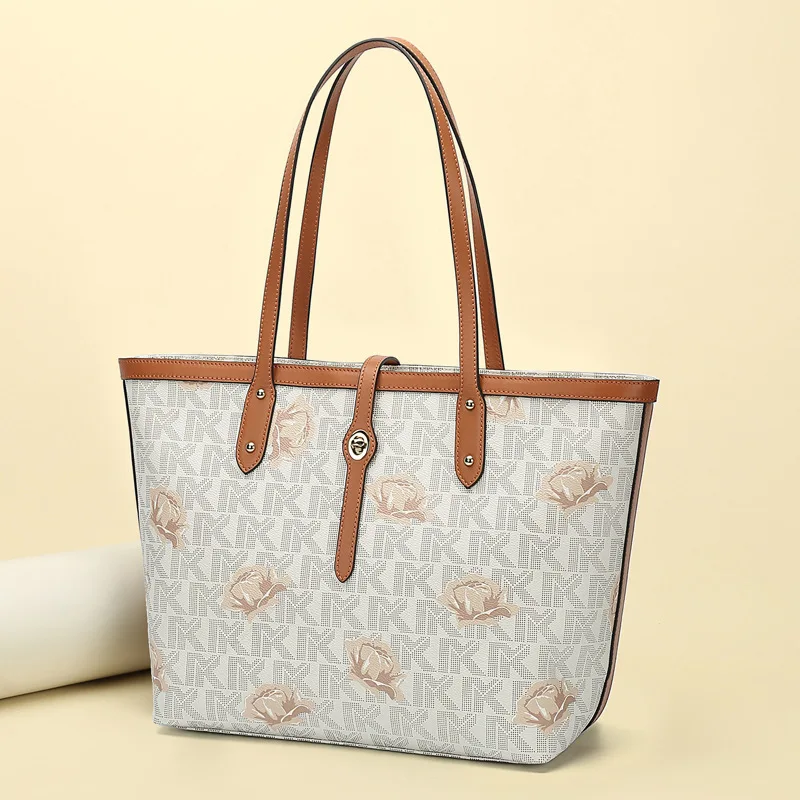 

Womens Large Designer Style Tote Bag New Shoulder Handbag Cross Body Shopper Bag, Brown, white
