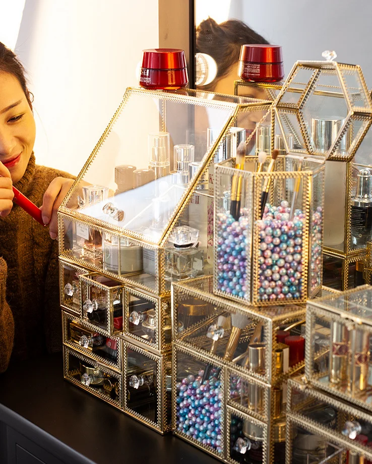 

2020 newest design Glass Home storage lipstick makeup jewelry organizer box