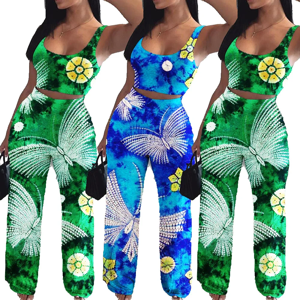 

Eur American New Tie-Dyed Printed Butterfly Vest Pants Leisure Sports Suit Two Piece Pink Plus Size Sets