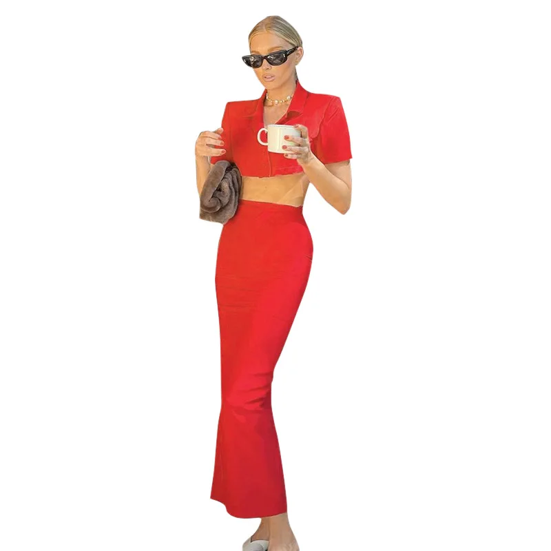

Wholesale famous designer brands long skirt set two piece fall sets women small suits lapel 2 piece sets crop top