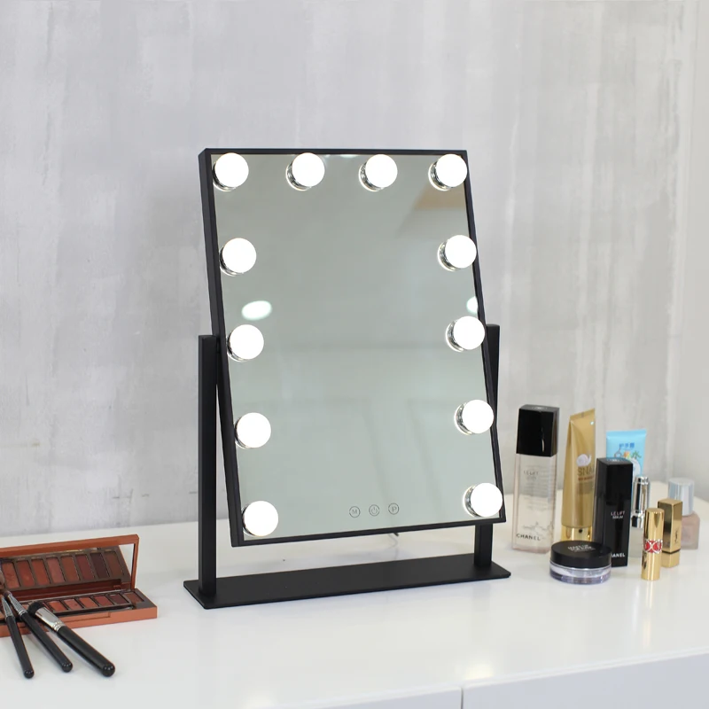 

High quality metal frame square designs led mirror for makeup Hollywood vanity makeup mirror, Black