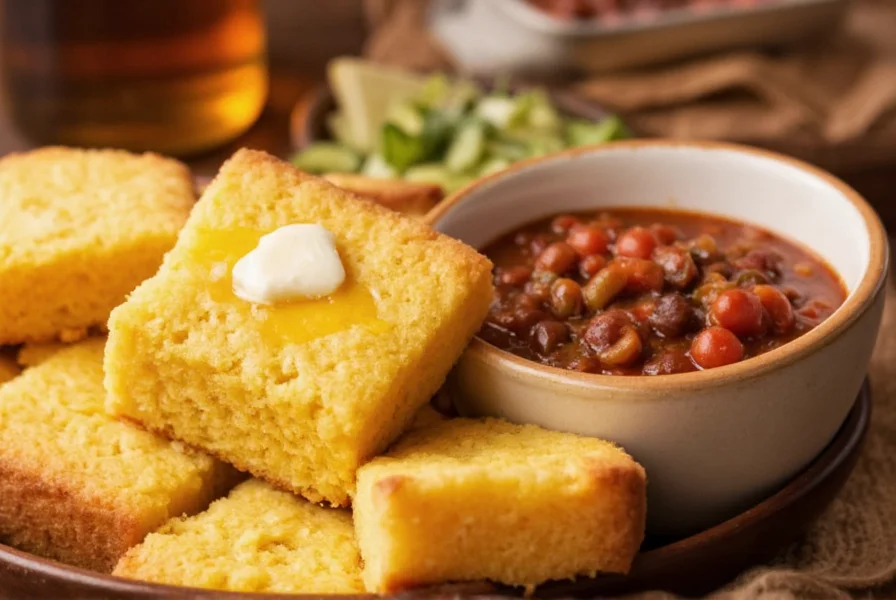 Perfect golden cornbread squares served alongside steaming bowl of chili with melted butter drizzled on top